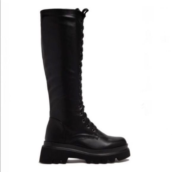 !! NEW !! Knee High Lack Up Combat Boots with Side Zip in Black - Picture 5 of 7